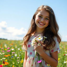 A beautiful teenage girl with an expression of joy, smiling as she stands in a lush summer meadow filled with colorful wildflowers