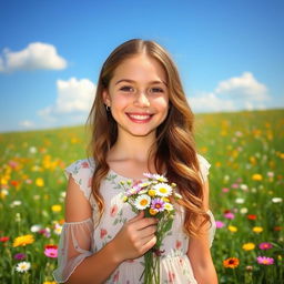 A beautiful teenage girl with an expression of joy, smiling as she stands in a lush summer meadow filled with colorful wildflowers