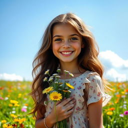 A beautiful teenage girl with an expression of joy, smiling as she stands in a lush summer meadow filled with colorful wildflowers