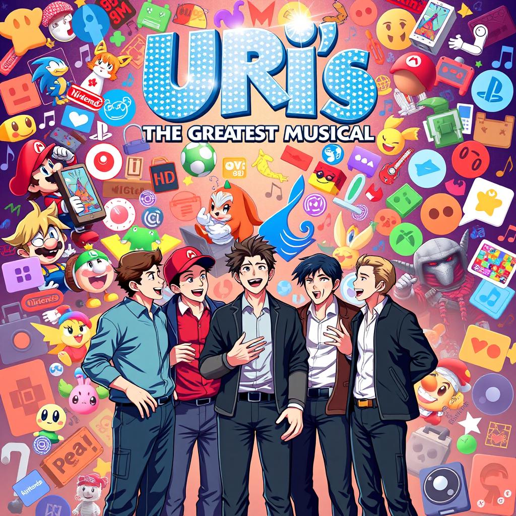 An epic and vibrant poster for "Uri's: The Greatest Musical", designed to captivate both gamers and theatre lovers