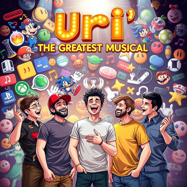 An epic and vibrant poster for "Uri's: The Greatest Musical", designed to captivate both gamers and theatre lovers