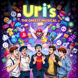 An epic and vibrant poster for "Uri's: The Greatest Musical", designed to captivate both gamers and theatre lovers