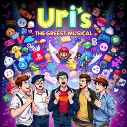 An epic and vibrant poster for "Uri's: The Greatest Musical", designed to captivate both gamers and theatre lovers