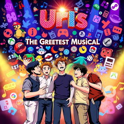 An epic and vibrant poster for "Uri's: The Greatest Musical", designed to captivate both gamers and theatre lovers