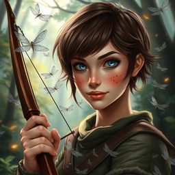 Dungeons and Dragons themed image of a female human ranger with short brunette hair, captivating blue eyes, and charming freckles