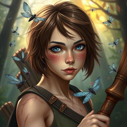 Dungeons and Dragons themed image of a female human ranger with short brunette hair, captivating blue eyes, and charming freckles