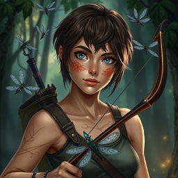 Dungeons and Dragons themed image of a female human ranger with short brunette hair, captivating blue eyes, and charming freckles