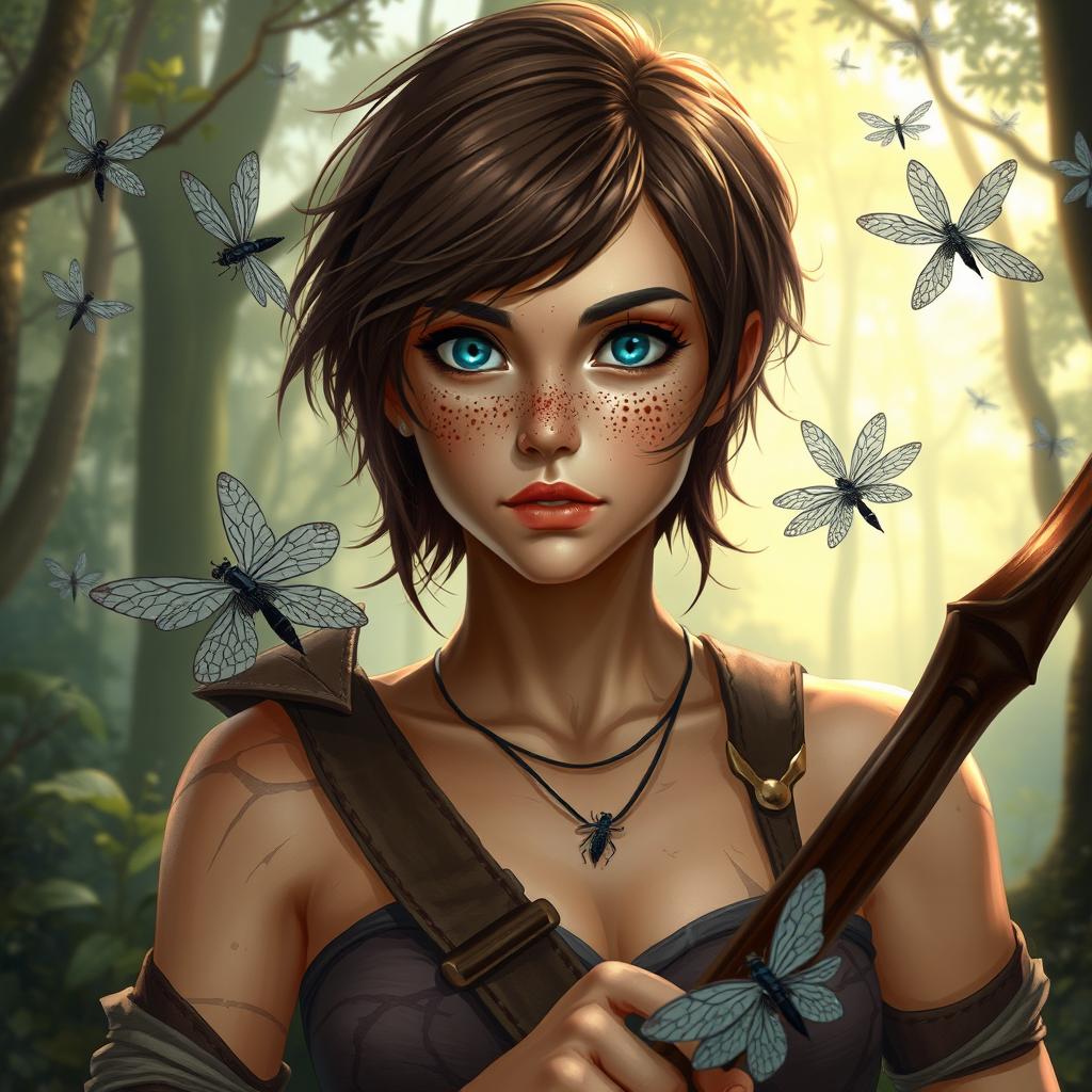 Dungeons and Dragons themed image of a female human ranger with short brunette hair, captivating blue eyes, and charming freckles