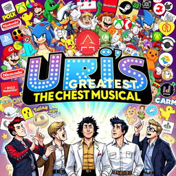 An electrifying and dynamic poster for "Uri's: The Greatest Musical", designed to capture the imagination of both gaming enthusiasts and musical theatre fans