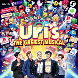 An electrifying and dynamic poster for "Uri's: The Greatest Musical", designed to capture the imagination of both gaming enthusiasts and musical theatre fans