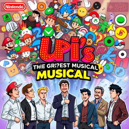 An electrifying and dynamic poster for "Uri's: The Greatest Musical", designed to capture the imagination of both gaming enthusiasts and musical theatre fans