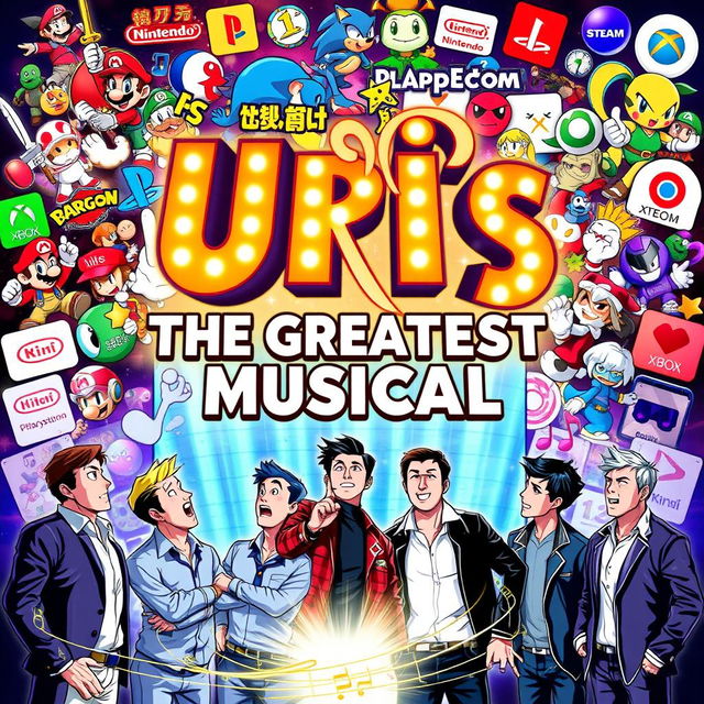 An electrifying and dynamic poster for "Uri's: The Greatest Musical", designed to capture the imagination of both gaming enthusiasts and musical theatre fans