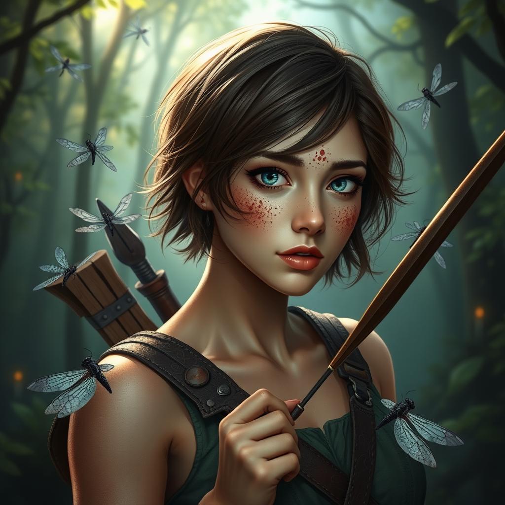 Dungeons and Dragons themed image of a female human ranger with short brunette hair, captivating blue eyes, and charming freckles