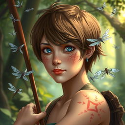 Dungeons and Dragons themed image of a female human ranger with short brunette hair, captivating blue eyes, and charming freckles