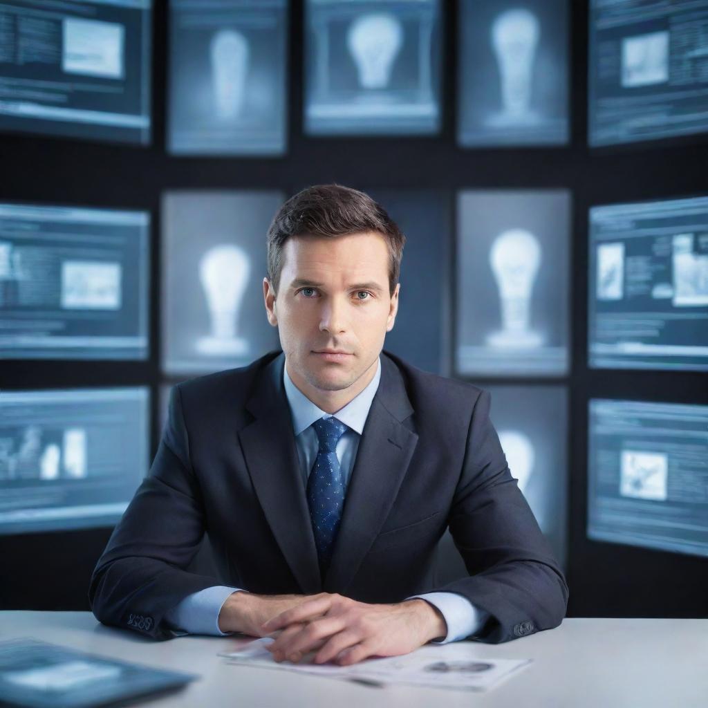 Generate an image of a forward-thinking businessman, acting as an innovator and main source of fresh ideas, surrounded by digital screens and technological equipment.