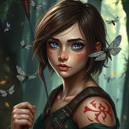 Dungeons and Dragons themed image of a female human ranger with short brunette hair, captivating blue eyes, and charming freckles