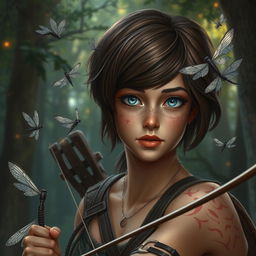 Dungeons and Dragons themed image of a female human ranger with short brunette hair, captivating blue eyes, and charming freckles