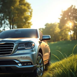 A detailed and realistic depiction of a Chrysler Aspen parked in a serene countryside setting