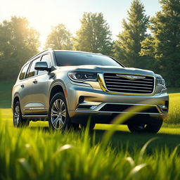 A detailed and realistic depiction of a Chrysler Aspen parked in a serene countryside setting