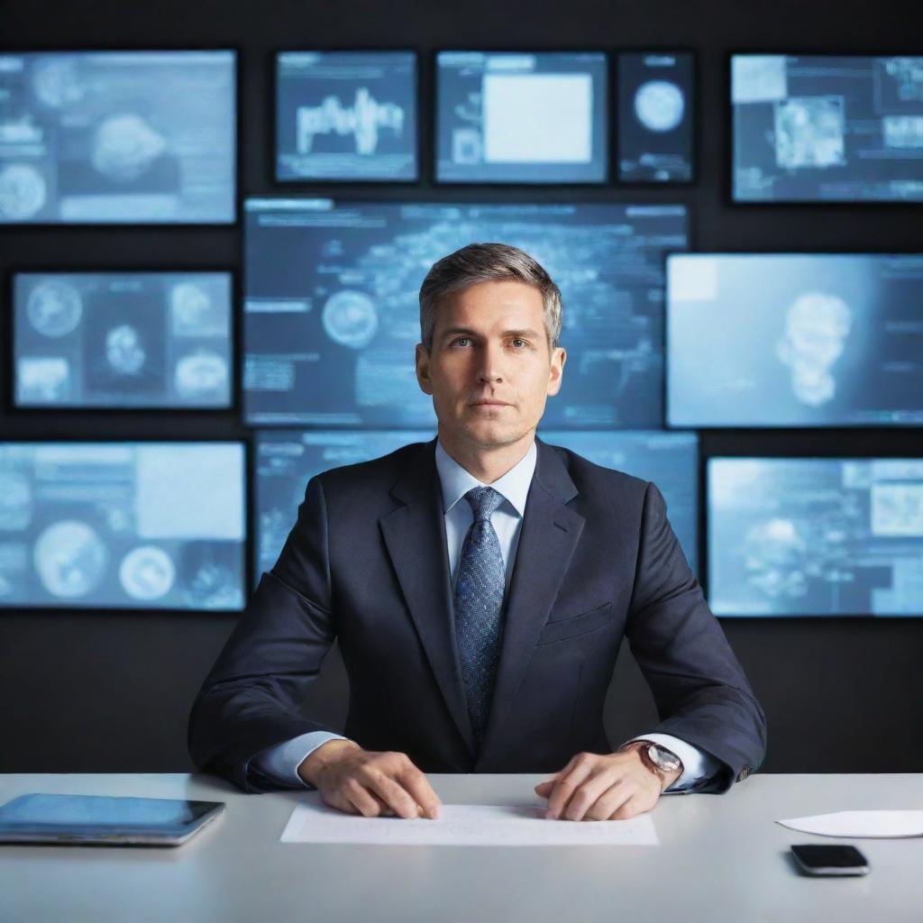 Generate an image of a forward-thinking businessman, acting as an innovator and main source of fresh ideas, surrounded by digital screens and technological equipment.