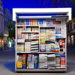 A well-lit kiosk situated in a bustling city centre, adorned with vibrant colors and numerous magazines and newspapers.