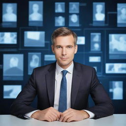 Generate an image of a forward-thinking businessman, acting as an innovator and main source of fresh ideas, surrounded by digital screens and technological equipment.