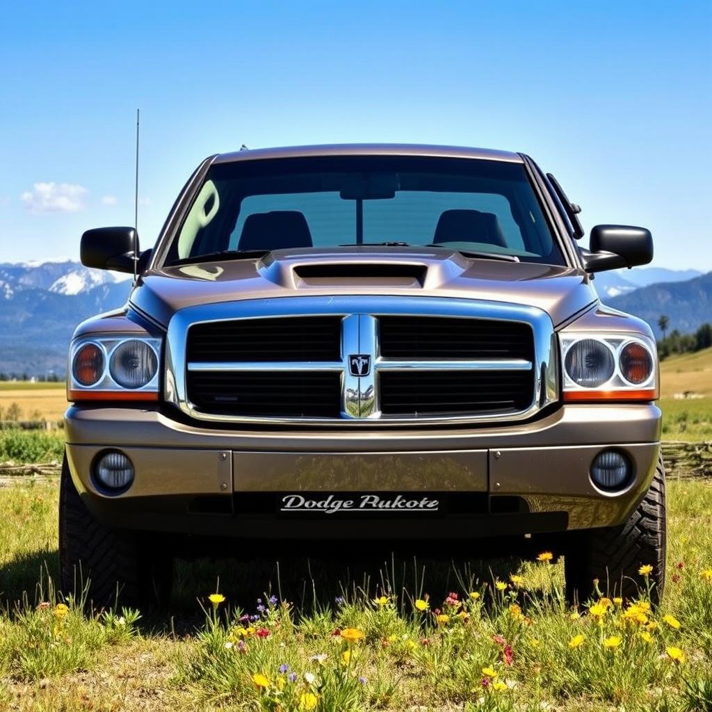 A Dodge Dakota pickup truck parked in a scenic rural landscape