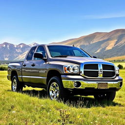 A Dodge Dakota pickup truck parked in a scenic rural landscape