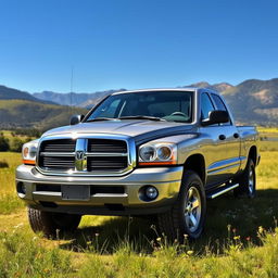 A Dodge Dakota pickup truck parked in a scenic rural landscape