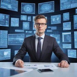 Generate an image of a forward-thinking businessman, acting as an innovator and main source of fresh ideas, surrounded by digital screens and technological equipment.