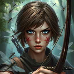 Dungeons and Dragons themed image of a female human ranger with short brunette hair, captivating blue eyes, and charming freckles