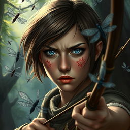 Dungeons and Dragons themed image of a female human ranger with short brunette hair, captivating blue eyes, and charming freckles