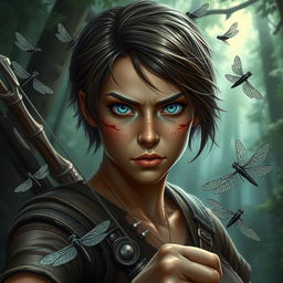 Dungeons and Dragons themed image of a female human ranger with short brunette hair, captivating blue eyes, and charming freckles