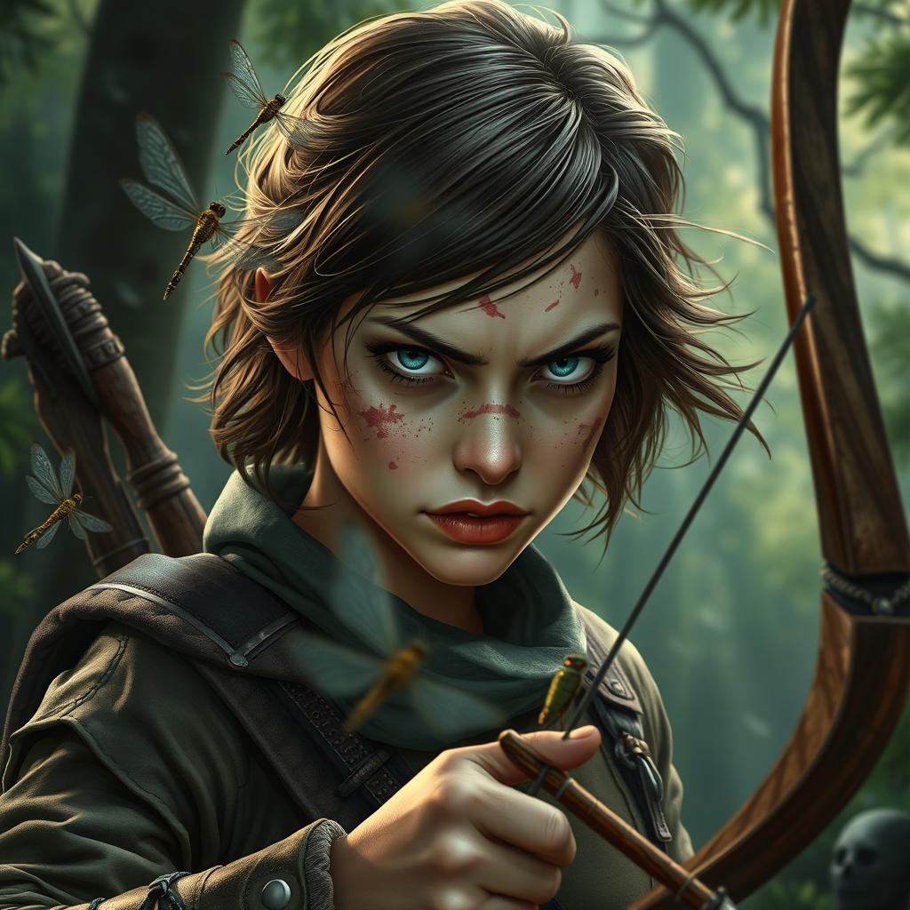 Dungeons and Dragons themed image of a female human ranger with short brunette hair, captivating blue eyes, and charming freckles