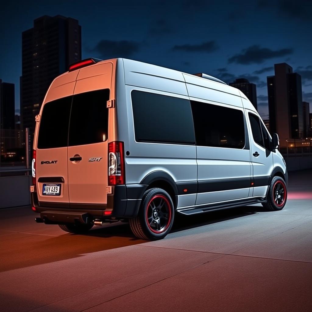 A Dodge Sprinter van with a sporty and powerful SRT Hellcat design, capturing the essence of high performance with sleek lines and an aggressive stance