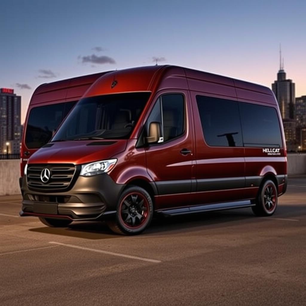 A Dodge Sprinter van with a sporty and powerful SRT Hellcat design, capturing the essence of high performance with sleek lines and an aggressive stance