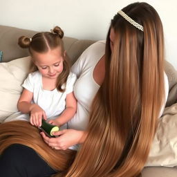 A mother with very long, silky hair flowing down, adorned with a hairband, while her daughter with tied hair sits beside her on the couch