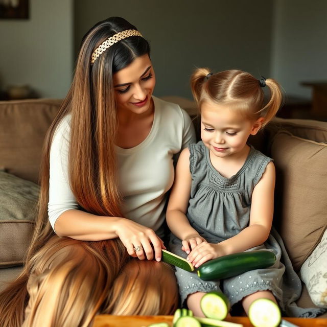 A mother with very long, silky hair flowing down, adorned with a hairband, while her daughter with tied hair sits beside her on the couch