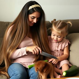 A mother with very long, silky hair flowing down, adorned with a hairband, while her daughter with tied hair sits beside her on the couch