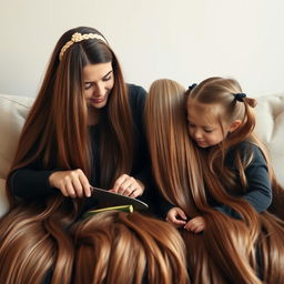 A mother with very long, silky hair flowing down, adorned with a hairband, while her daughter with tied hair sits beside her on the couch