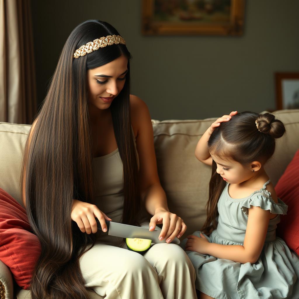 A mother with very long, very smooth, and flowing hair adorned with a headband, sitting on a couch with her daughter whose hair is tied up