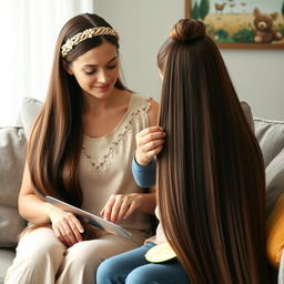 A mother with very long, very smooth, and flowing hair adorned with a headband, sitting on a couch with her daughter whose hair is tied up