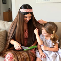 A mother with very long, very smooth, and flowing hair adorned with a headband, sitting on a couch with her daughter whose hair is tied up