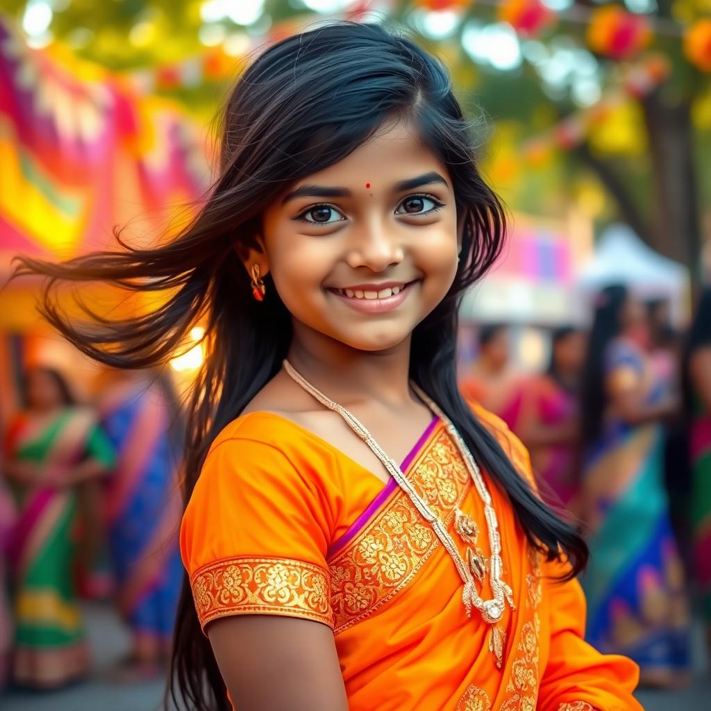 A beautiful Indian girl with flowing black hair and deep brown eyes, smiling warmly