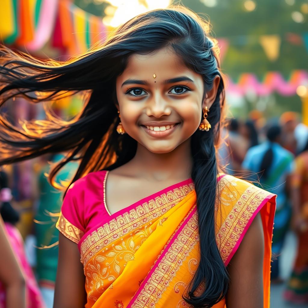 A beautiful Indian girl with flowing black hair and deep brown eyes, smiling warmly