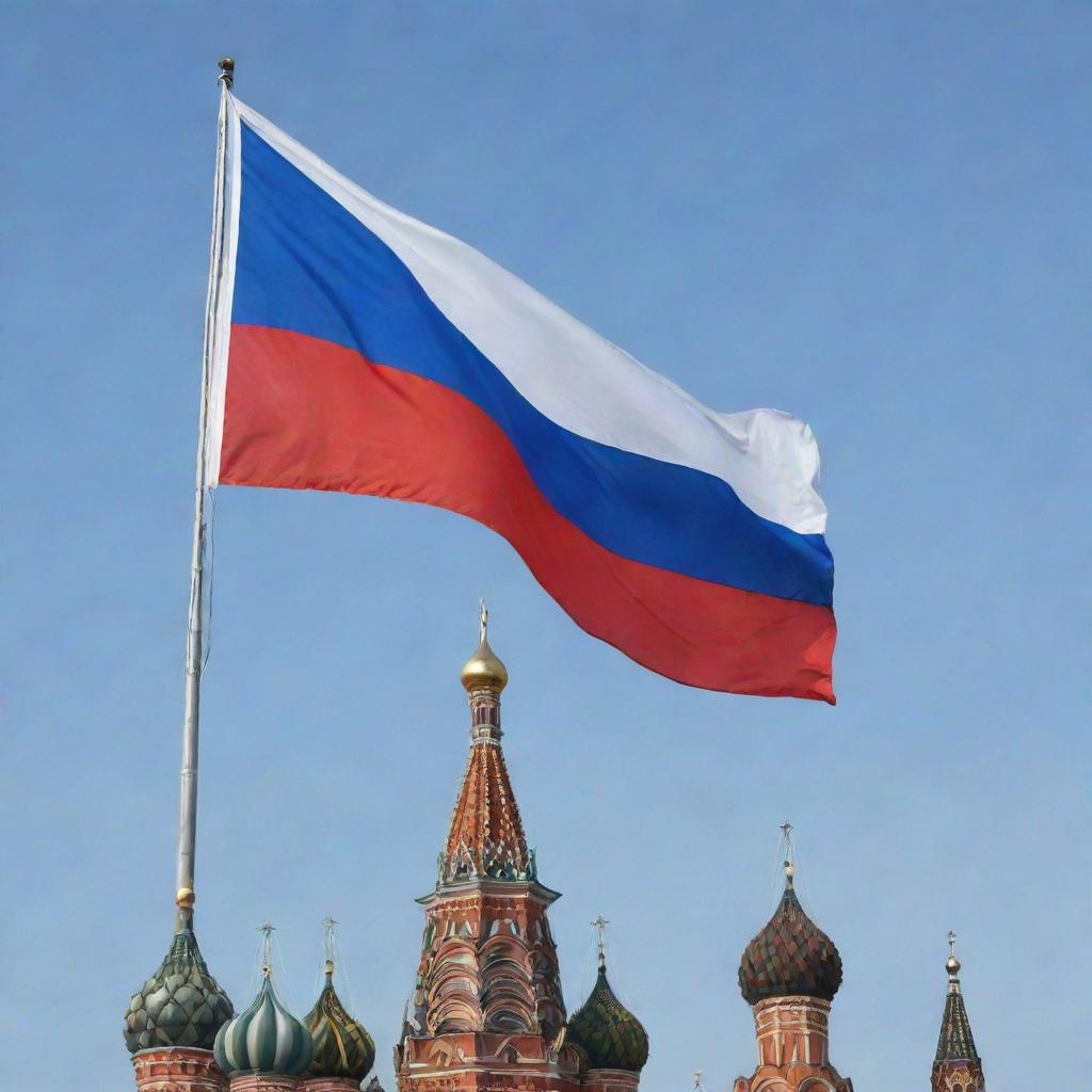 Russian flag fluttering in the breeze on Red Square