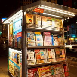 A well-lit kiosk situated in a bustling city centre, adorned with vibrant colors and numerous magazines and newspapers.