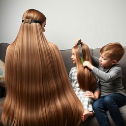 A mother with very long, very smooth, and flowing hair adorned with a headband, sitting on a couch with her daughter whose hair is tied up