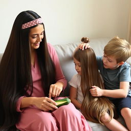 A mother with very long, very smooth, and flowing hair adorned with a headband, sitting on a couch with her daughter whose hair is tied up