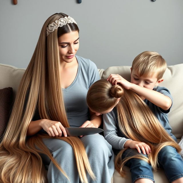 A mother with very long, very smooth, and flowing hair adorned with a headband, sitting on a couch with her daughter whose hair is tied up